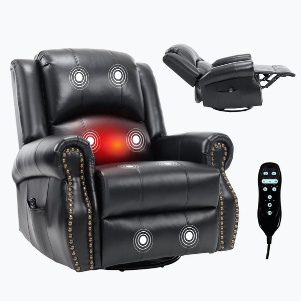 English Elm Heat Massage Rocker Swivel Recliner Chair with Lumbar Relief Nodes for Living Room Black W3224S00032