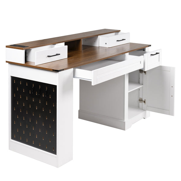 English Elm 55" Farmhouse Writing Desk with Cabinet Charging Station Pegboard and Monitor Stand White W2917S00008