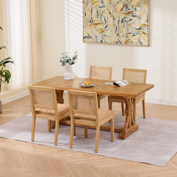 English Elm Farmhouse Rattan Back Dining Chairs Set of 2 with Linen Seat and Hardwood Legs Tan W1143P452937