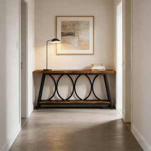 English Elm Hall Console Table Industrial Rustic Two Tier Wood Tone Metal Frame Entryway Sofa T3971P452060