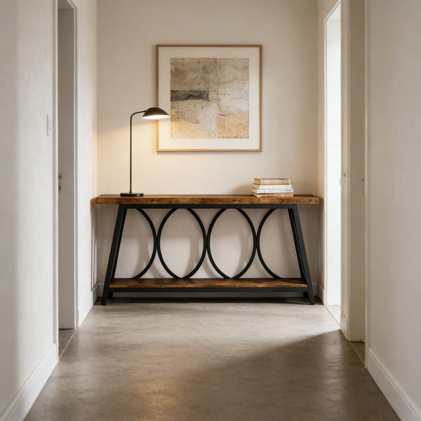 English Elm Hall Console Table Industrial Rustic Two Tier Wood Tone Metal Frame Entryway Sofa T3971P452060