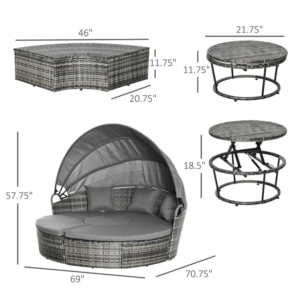 English Elm Poolside Round Pe Rattan Daybed Set with Retractable Canopy for Patio Lounging T3971S00133