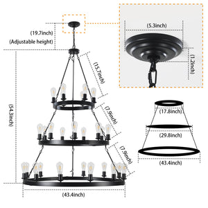 English Elm 45" Iron Three Tier Ring Chandelier 27 Socket Matte Black Industrial Loft Pendant W2312P415968