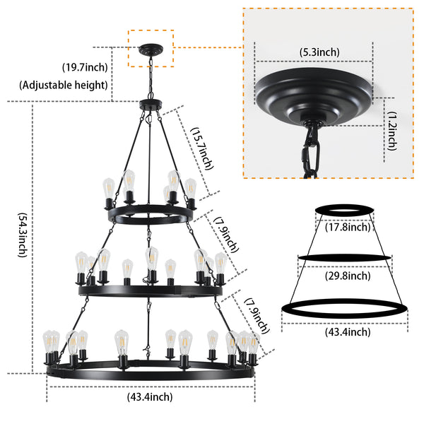 English Elm 45" Iron Three Tier Ring Chandelier 27 Socket Matte Black Industrial Loft Pendant W2312P415968