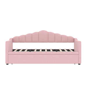 English Elm Upholstered Twin Daybed with Pop-Up Trundle, Built-In USB Type-C Charger, Side Pockets, Velvet Frame Pink 77.25 L x 17.25 W x 5.31 H N733S285118H