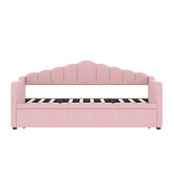 English Elm Upholstered Twin Daybed with Pop-Up Trundle, Built-In USB Type-C Charger, Side Pockets, Velvet Frame Pink 77.25 L x 17.25 W x 5.31 H N733S285118H