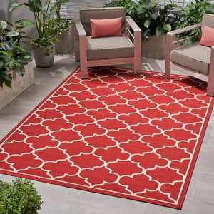 Christopher Knight Home® - Noble House - Thornhill Outdoor 6'7" X 9'2" Trefoil Area Rug, Red and Ivory