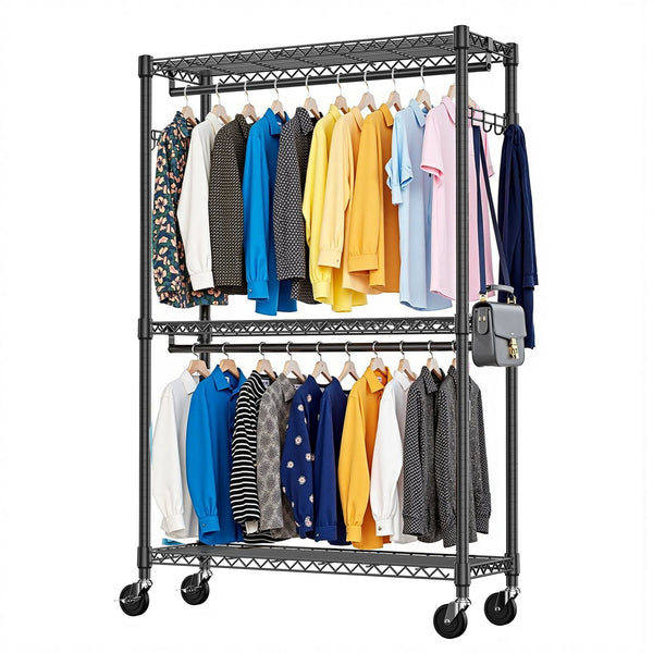 English Elm Heavy Duty Rolling Garment Rack Freestanding Closet Organizer with Adjustable Steel Shelving Black W5386P445614