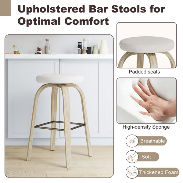 English Elm Swivel Backless Counter Stools Set of 2 with Fabric Seat Bentwood Legs Mid-century Modern Beige W3107P446882