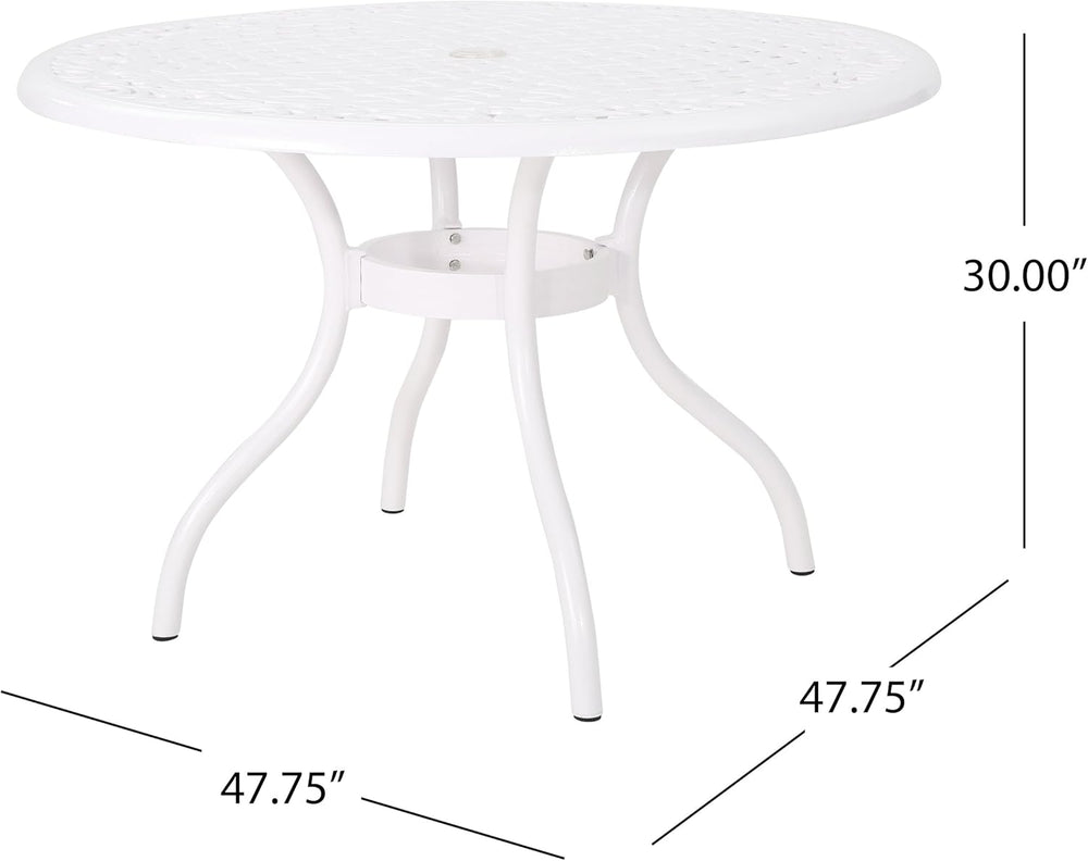 English Elm Christopher Knight Home® - Dieter White 4-Person Cast Aluminum Patio Dining Set with Lattice Scrollwork Table & Umbrella Hole 54589.00WHI-4_54588.00WHI
