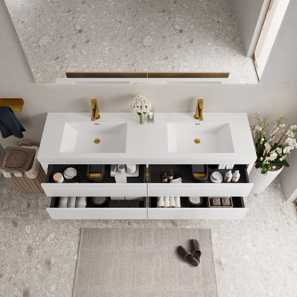 English Elm 72" Floating Double Sink Vanity Glossy White Stone Resin Top Soft Close Storage W1573P211181