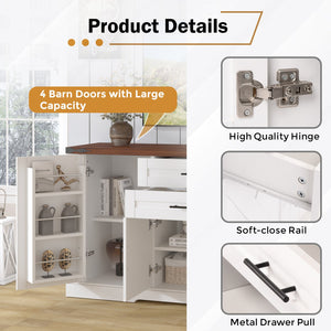 English Elm 63" Farmhouse Barn Door Storage Cabinet with Anti-Tip Safety, Quiet Drawers, Adjustable Shelf & Metal Handles White W2917P319121