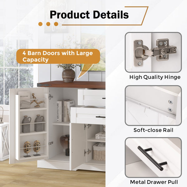 English Elm 63" Farmhouse Barn Door Storage Cabinet with Anti-Tip Safety, Quiet Drawers, Adjustable Shelf & Metal Handles White W2917P319121