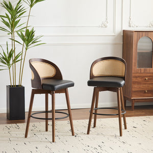 English Elm Christopher Knight Home® - Como Rattan-Back Indoor Wood Barstool Set of 2 with Plush Fabric Cushion, Ergonomic Stylish Seating Black + Dark Walnut N775P264459D