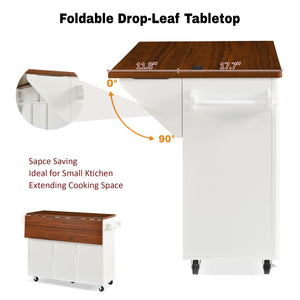 English Elm K&k Fluted Rolling Kitchen Island Faux Marble Top Power Outlet Drop Leaf Storage White N707S000019W