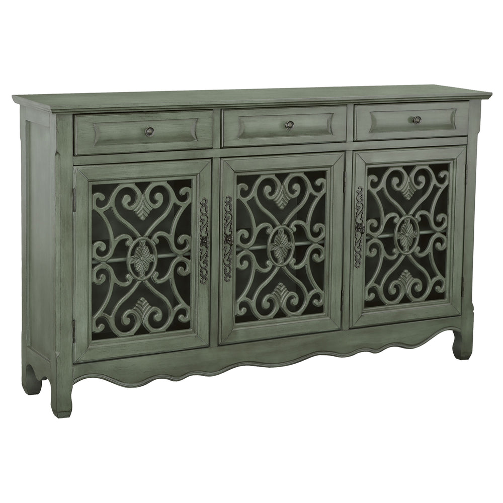 English Elm Naomi Distressed Green Cottage Buffet with Scrollwork Doors and Bronze Hardware B062P447800