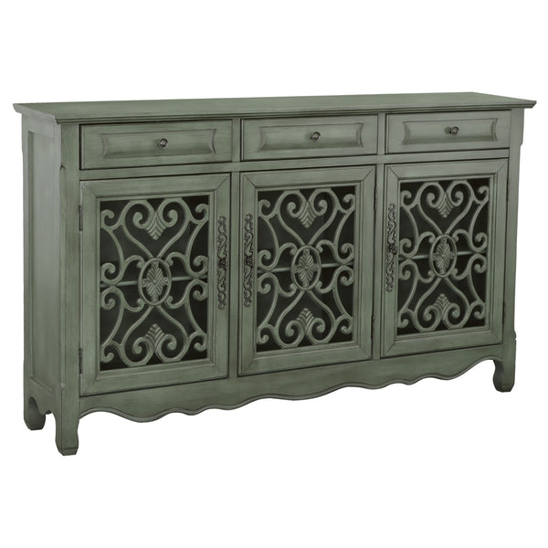 English Elm Naomi Distressed Green Cottage Buffet with Scrollwork Doors and Bronze Hardware B062P447800