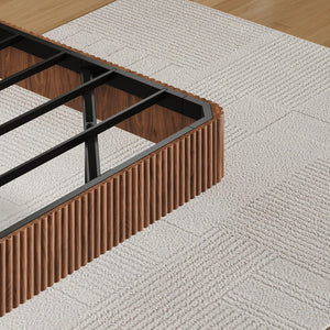 English Elm Walnut Queen Floating Bed Frame with LED Lighting, Wave-Texture MDF & Heavy-Duty Iron Slats — No Box Spring Needed, 1000LB Capacity W1820P333574