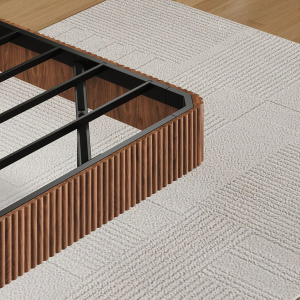 English Elm Walnut Queen Floating Bed Frame with LED Lighting, Wave-Texture MDF & Heavy-Duty Iron Slats — No Box Spring Needed, 1000LB Capacity W1820P333574