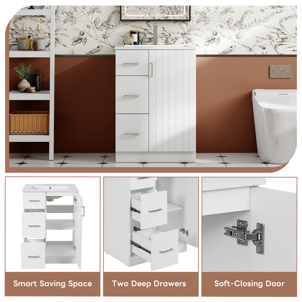 English Elm 24" Modern Bathroom Vanity with Under-Mount Sink, Vertical Stripe Design, 2 Drawers & Soft-Close Cabinet White N710P288936K
