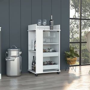 English Elm Baltimore White Bar Cart with Glass Door, 2 Side Shelves & Casters for Stylish Mobile Entertaining B200P188861