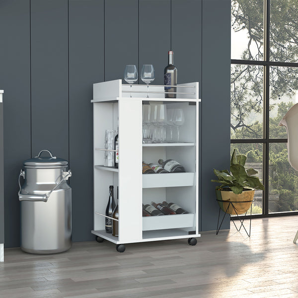 English Elm Baltimore White Bar Cart with Glass Door, 2 Side Shelves & Casters for Stylish Mobile Entertaining B200P188861