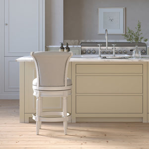 English Elm 26in. Wood High-back Swivel Barstool Farmhouse Style Nailhead Upholstered Kitchen Seat White B2751P436430