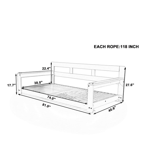English Elm TOPMAX Acacia Wood Twin Porch Swing Bed Frame with High Back, 350lb Capacity & 118" Hemp Ropes Brown N717P265795D