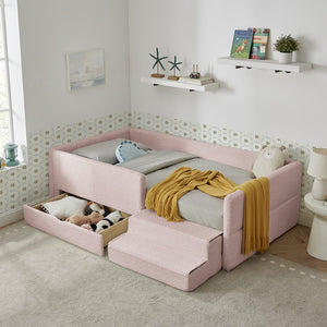 English Elm Twin Boucle Upholstered Kids Bed with Guardrails Built in Storage and Cushioned Step Stool Pink W1413P433365