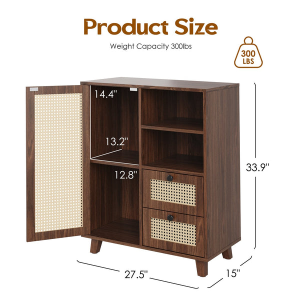 English Elm Rattan Cane Front Sideboard with Drawers Adjustable Shelf Bohemian Storage Cabinet Walnut T3623P434733