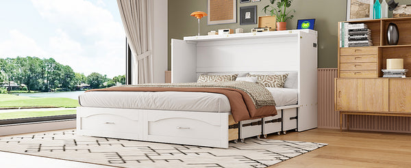English Elm Queen Murphy Wall Bed with Drawers Usb Charging Ports Pulley Lift Mdf Cabinet White LP100671AAK-1