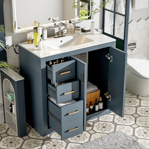 English Elm 36'' Bathroom Vanity with Ceramic Sink Combo, Solid Wood Frame, Soft-Close Drawers and Stylish Retro Groove Design Blue N710P291684C