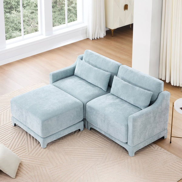English Elm Two-Seater Sofa Set In Sky Blue Chenille With Ottoman & Lumbar Pillows - Elegant, Ergonomic Comfort W714S01204-GIGA
