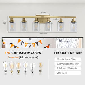 English Elm 37" Golden 6-Light Vanity Light with Clear Glass Shades, Modern Iron Wall-Mounted Bathroom Fixture, Hard-Wired Elegance W2312P374802