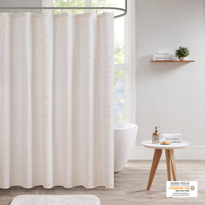 JLA Home Urban Habitat - Cotton Yarn-Dyed Jacquard Shower Curtain with Pom-Pom Tufts, OEKO-TEX Soft Texture, Machine Washable Ivory UH70-2241