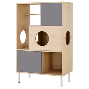 English Elm 2 Modern Cat Tree & Side Cabinet with Litter Box Enclosure, Stylish Wood Bookcase with Hidden Storage, Natural/Grey Elegance N843P254701N