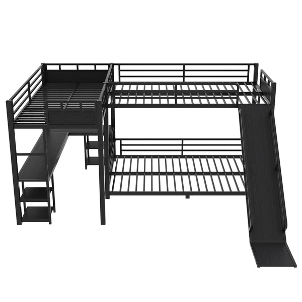 English Elm L-shaped Metal Triple Bunk Bed with Slide Desk Shelves Sleep Study Play Zone W1580S00280