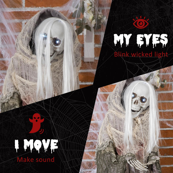 English Elm Outdoor Animatronic Skeleton Witch Prop with Glowing Eyes Motion Activated Halloween T3971P382650