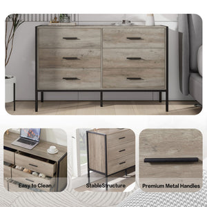 English Elm Wood Dresser With 6 Drawers, Wooden Storage Closet For Bedroom, Solid Clothes Cabinet With Sturdy Steel Frame, 48.58"W×15.75"D×31.22"H, 48 Inch, Rustic Grey