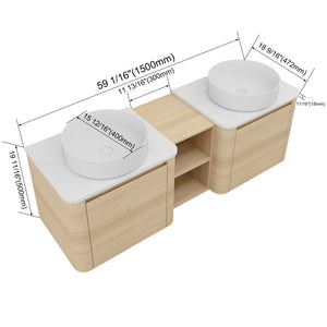 English Elm 60'' Wall-Mounted Bathroom Vanity With Ceramic Sink & Soft-Close Cabinet, Modern Storage Solution W999S00471