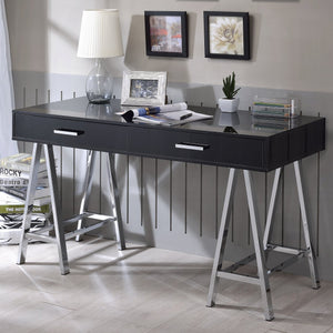 English Elm Black High Gloss Writing Desk With Chrome Accents – Modern 2-Drawer Home Office Centerpiece B062P209202