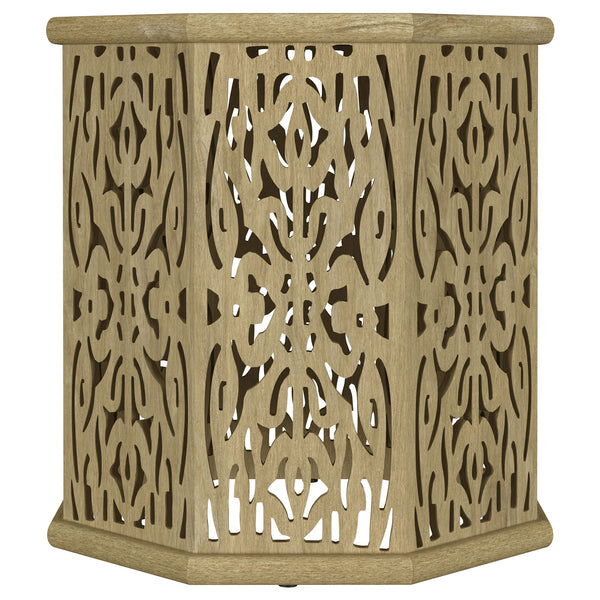 English Elm Watsonville Octagonal Mango Wood Side Table — Carved Boho Drum Accent, Natural Finish, 18"H B062P299977