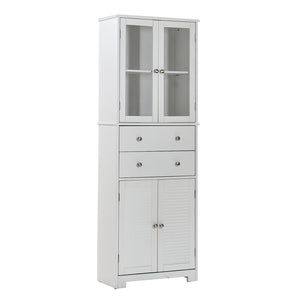 English Elm 67" Tall Pantry Cabinet with Glass Doors & Drawer, 67" White MDF Tall Kitchen Storage Cupboard W3417P321849
