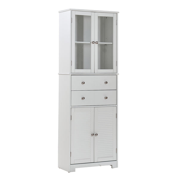 English Elm 67" Tall Pantry Cabinet with Glass Doors & Drawer, 67" White MDF Tall Kitchen Storage Cupboard W3417P321849