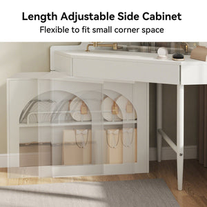 English Elm Corner Makeup Vanity Desk with 360° Rotating LED Mirror, Adjustable Brightness, L-Shaped Corner Design and Pull-Out Storage for Small Spaces White N844P263663A