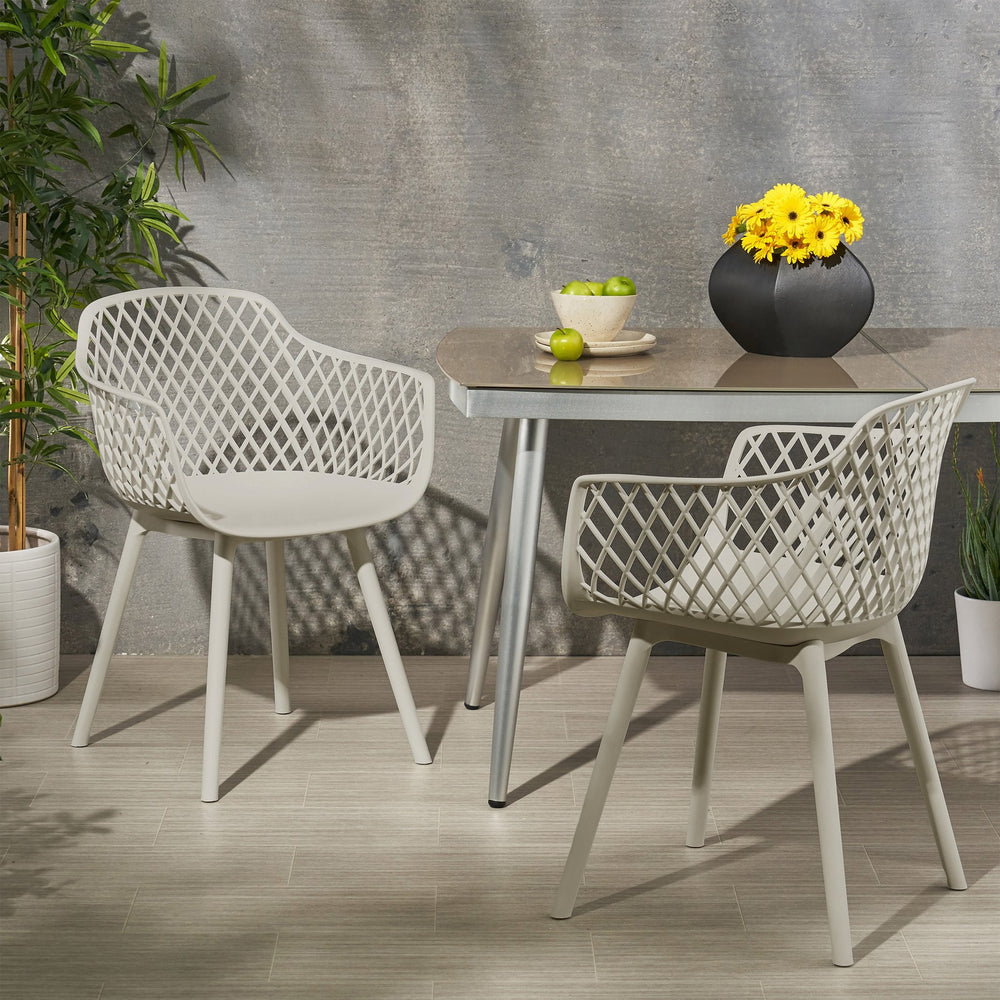 English Elm Poppy Outdoor Dining Chairs Set of 2 Diamond Mesh Geometric Modern Patio Seating Camel N776P414399C
