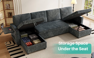 English Elm U Shaped Corduroy Sectional Sleeper Sofa with Storage Chaise for Large Living Rooms W1825P439250