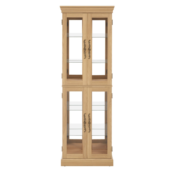 English Elm Lighted Glass Curio Display Cabinet with Quiet Hinge, Internal LED Lighting, Adjustable Shelves, Vintage Carved Handle Light Oak W2275P199811