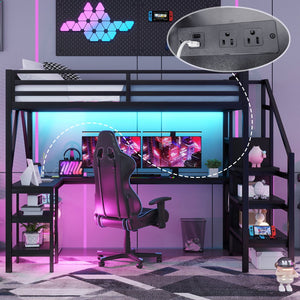 English Elm Metal Full Loft Bed with L Shaped Desk Wardrobe Rgb Lighting and Usb Charging Black W2593S00053