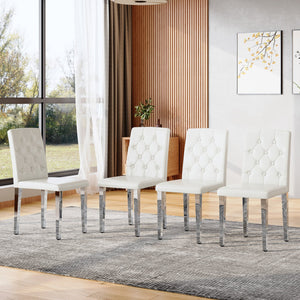 English Elm 4-pack PU dining chairs with ergonomic buckle backrest, high-density sponge seat, gold metal legs elegant luxury White+Silver W1151P295715
